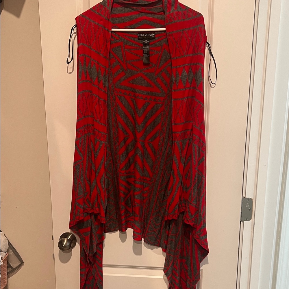 Forever 21 Red & Charcoal Geometric Draped Open Vest